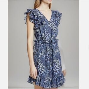 Rebecca Taylor Ava Floral Ruffle Dress Blue Silk | Size 4 Resort Luxury Fairy